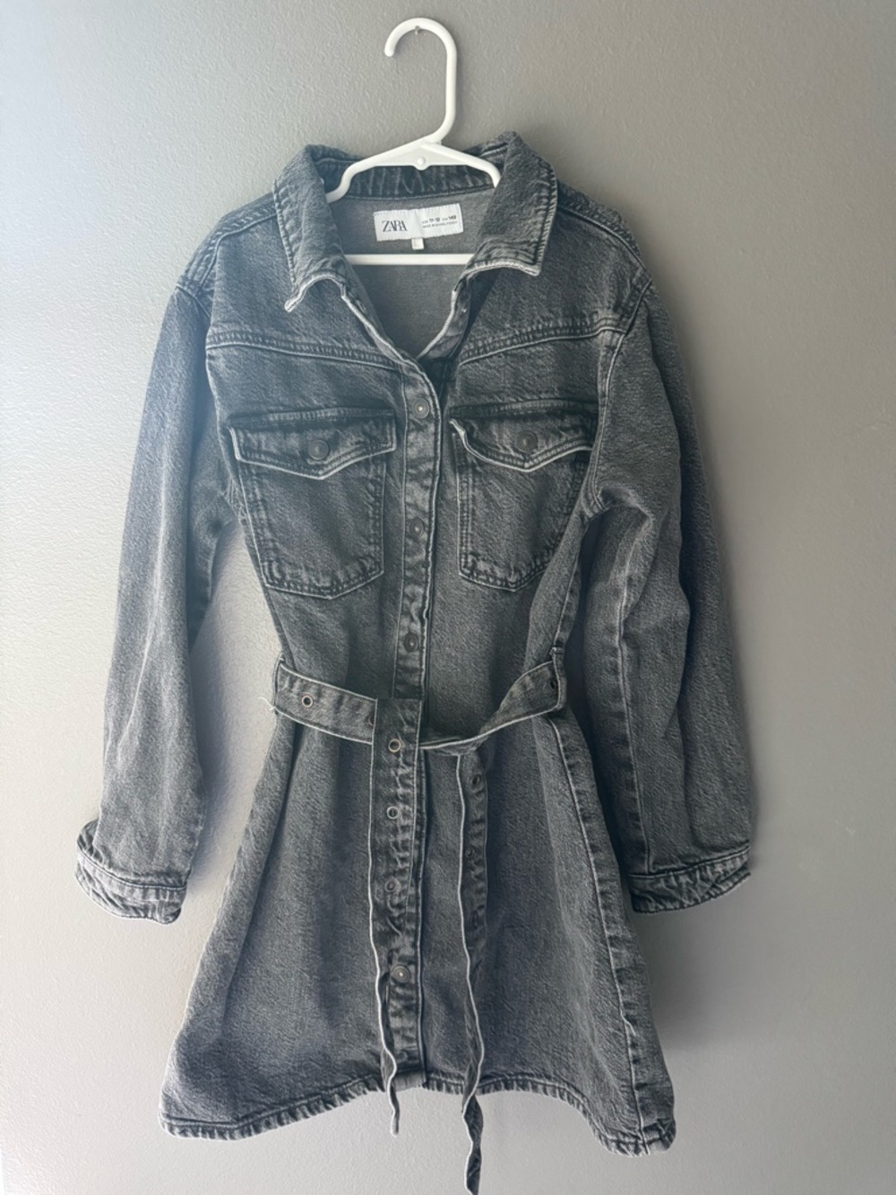 ZARA Washed Black Denim Jacket Dress with Tie Belt